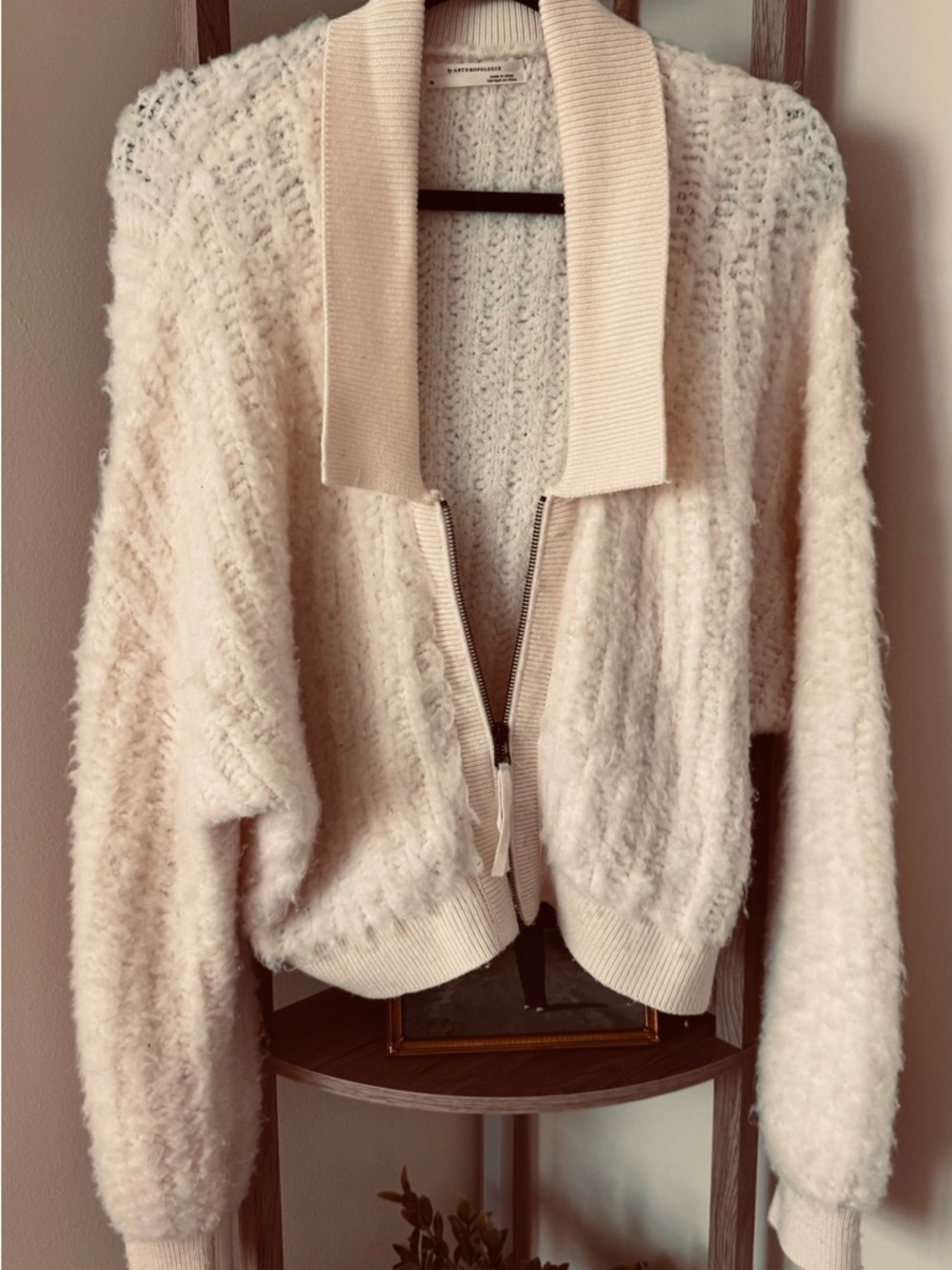 Anthropologie Cream Textured Zip-Front Cardigan